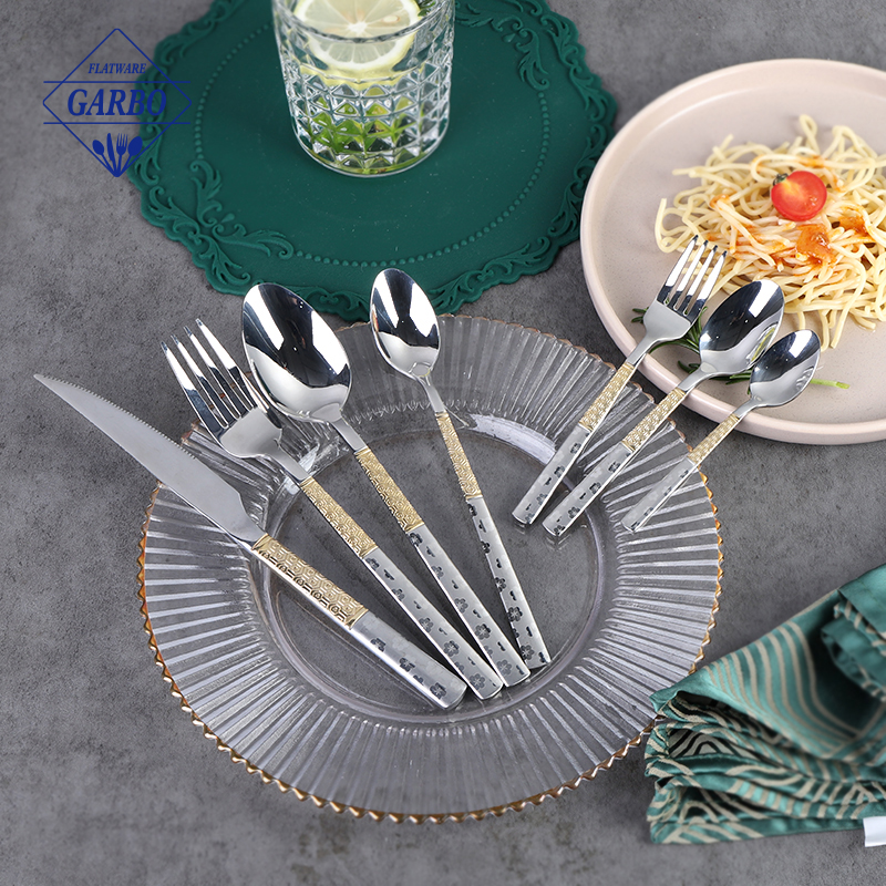 STOCK ready goods 201ss stainless steel cutlery set with gold and laser handle manufacturing companies in Turkey