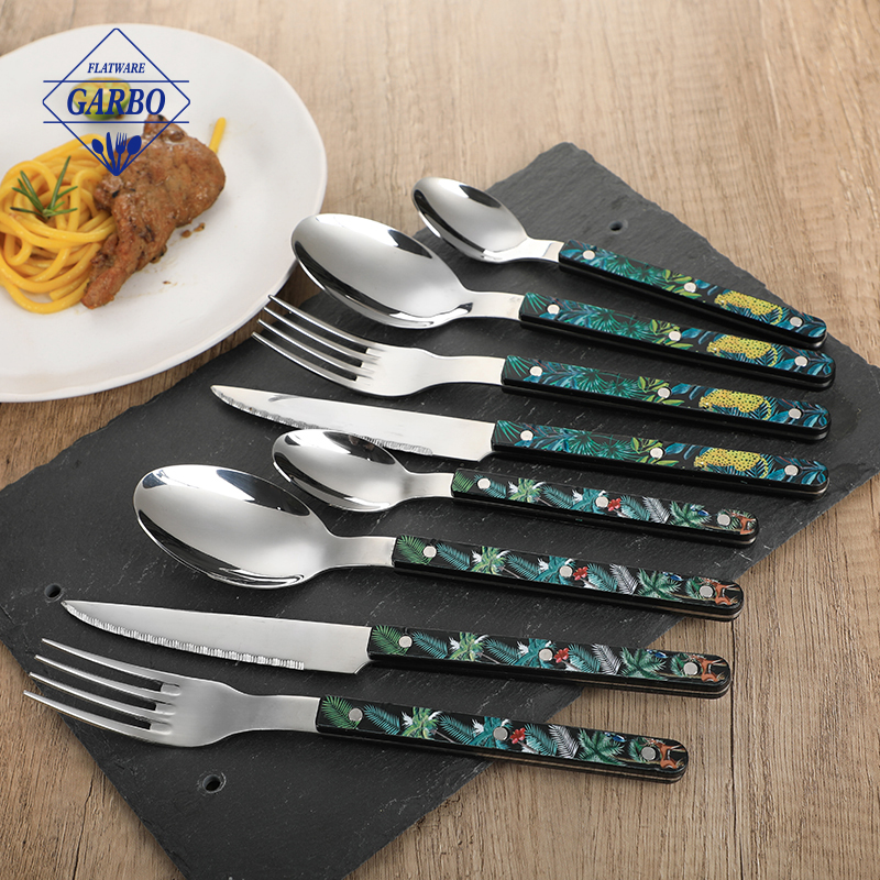 Elegant Plant Painting Plastic Handle Stainless Steel Cutlery Set