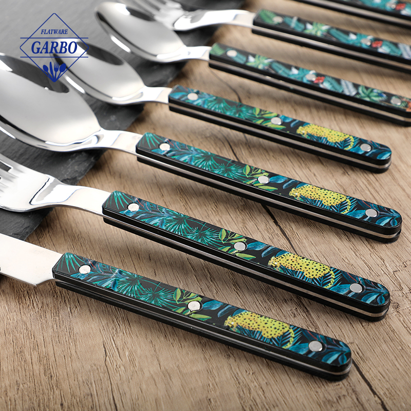 Elegant Plant Painting Plastic Handle Stainless Steel Cutlery Set