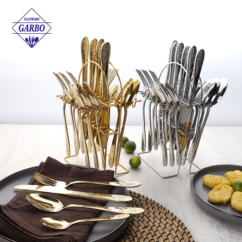 Amazon New Arrival Embossed Flower Handle Cutlery Set with Serving Shelf