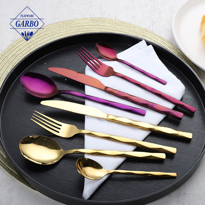 New arrival rainbow gold stainless steel flatware set with special diamond handle