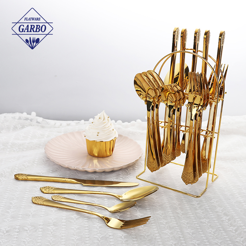 Luxury new design PVD gold stainless steel cutlery set with golden metal stand