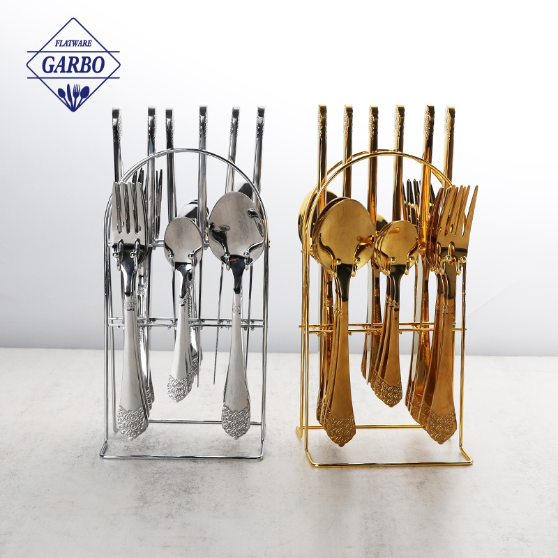 Luxury new design PVD gold stainless steel cutlery set with golden metal stand