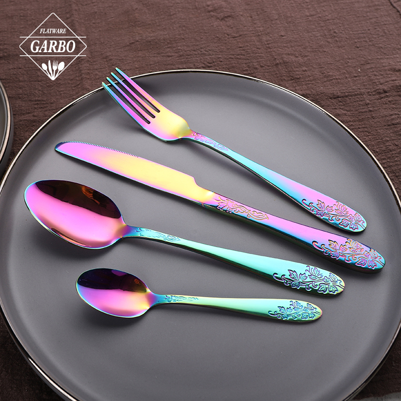 High quality 201ss rainbow stainless steel cutlery set with embossed flower handle