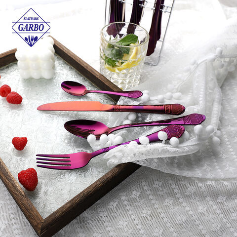 High quality 201ss rainbow stainless steel cutlery set with embossed flower handle