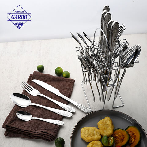 High quality 201ss rainbow stainless steel cutlery set with embossed flower handle