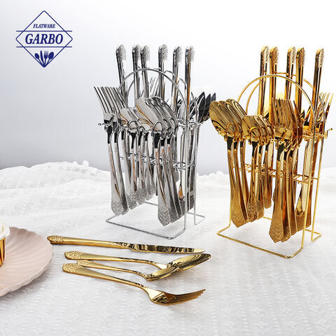 Gold and sliver cutlery setis with shelf  amazon hot  selling 