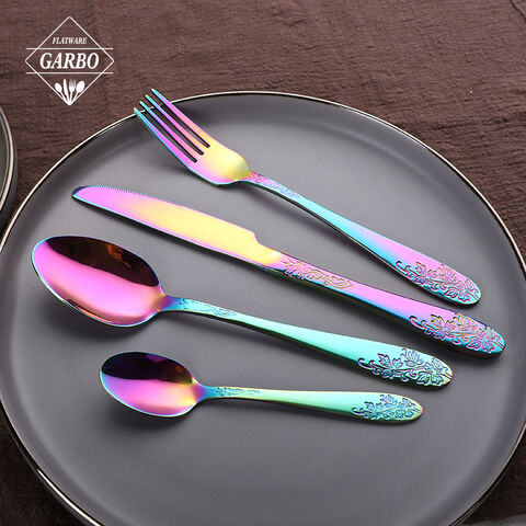 New arrival rainbow gold stainless steel flatware set with special diamond handle