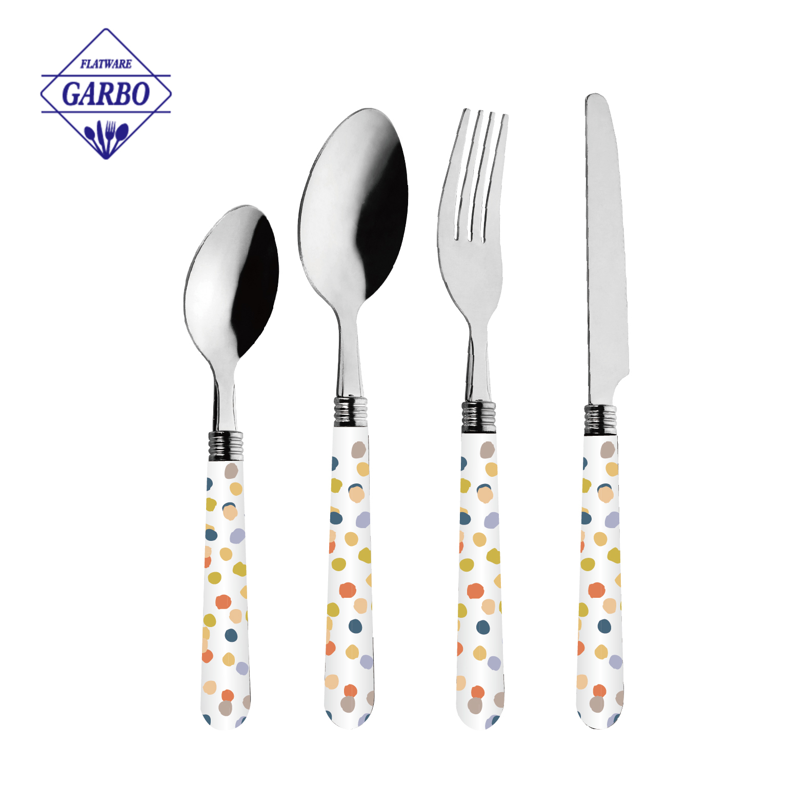 4pcs cheap price flatware stainless steel dinner cutlery set with printing plastic handle 