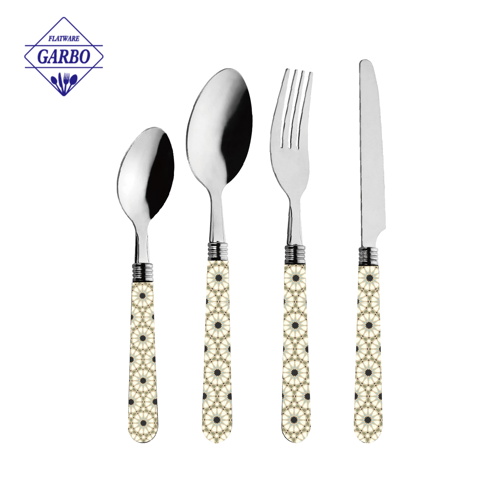 Popular silver stainless steel table fork with ABS plastic with custom printing design