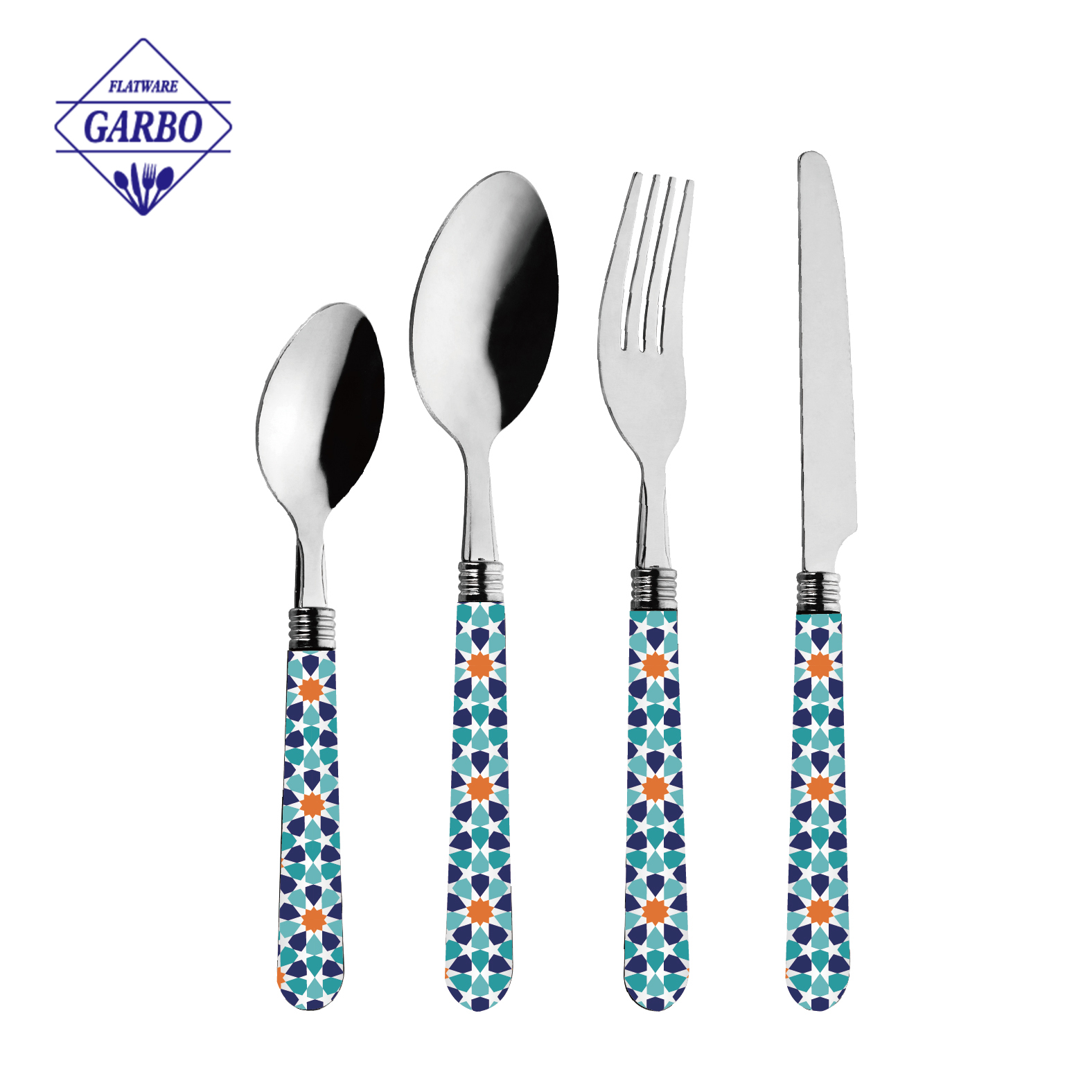 Popular silver stainless steel table fork with ABS plastic with custom printing design