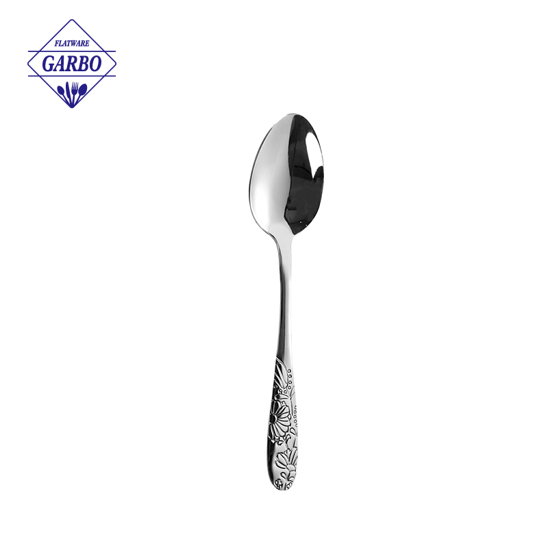 410 Silver color cheap price stainless steel dinner spoon with engraved handle