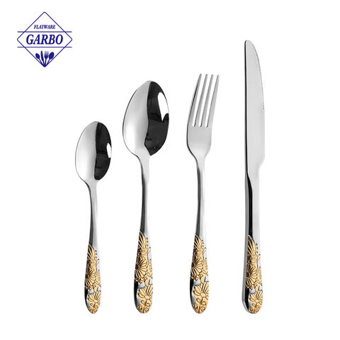 Attractive Food Grade Stainless Steel Dinner Set with Daisy Pattern Gold Plating Handle